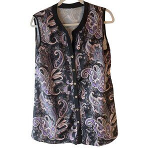 Sleeveless Paisley Button-Down Blouse shirt Large polyester V-neck READ